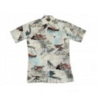 M★古着半袖シャツ 70年代 家、船 グレー