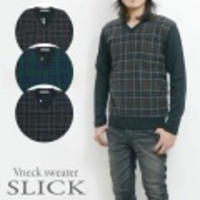 SLICK【スリック】チェックVネックウールセーター【送料無料】