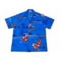 L★古着ハワイアンシャツ 80年代 花、パームツリー他 青