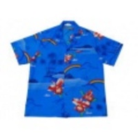 L★古着ハワイアンシャツ 80年代 花、パームツリー他 青